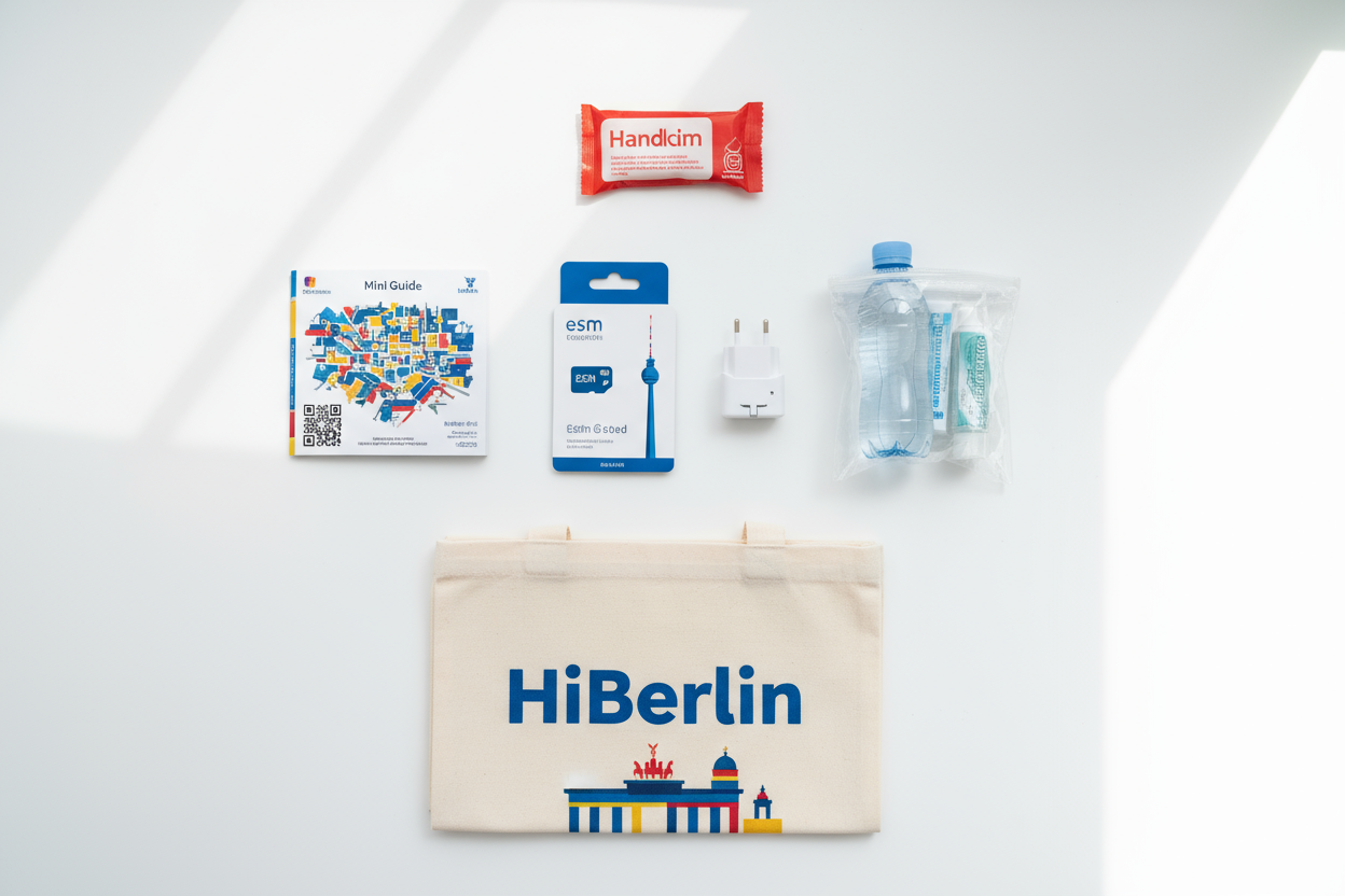 What’s Inside

✅ 5 GB eSIM / SIM (pre-activated)

✅ Type F EU Plug Adapter

✅ Snack + Mini Hygiene Pack (water, wipes, toothpaste, sanitizer)

✅ Reusable HiBerlin Tote Bag

✅ Seasonal Add-On: Hand Warmer (Oct–Mar) / Sunscreen (May–Sep)

✅ QR Mini-Guide + Discount Map

✅ Meet & Greet Handover at Airport or Station