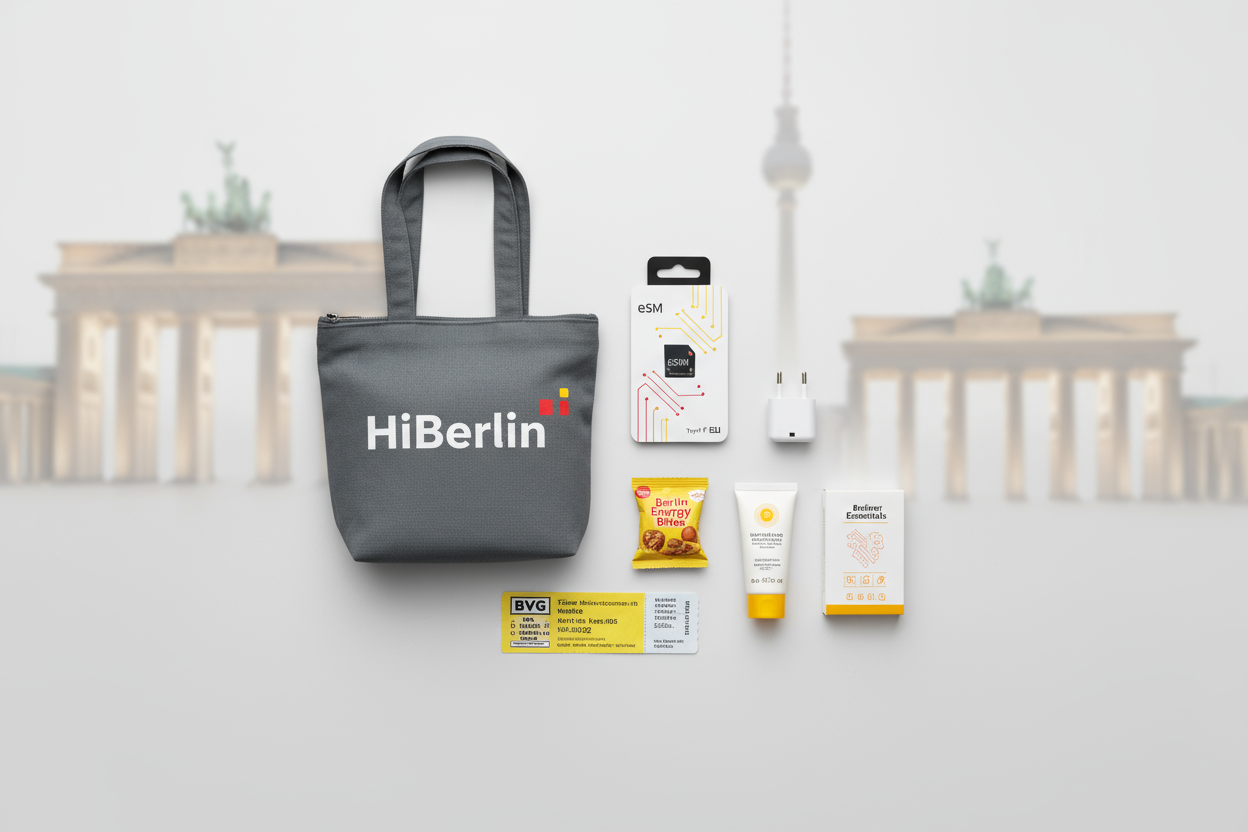 Your destination kit — complete with data, comfort, and mobility.
HiBerlin + Transport gives you all the essentials + a BVG 24-hour ticket, so you can go straight from airport to city with zero stress.

✨ Includes:
✅ 5 GB eSIM / SIM (pre-activated)
✅ Type F EU Plug Adapter
✅ Official BVG 24 h Ticket (zones AB – airport included)
✅ Snack + Mini Care Pack
✅ Seasonal Item (Hand Warmer / Sunscreen)
✅ Reusable HiBerlin Bag + Digital Guide & Map
✅ Meet & Greet Delivery at BER or Berlin Hbf

Perfect for travellers
